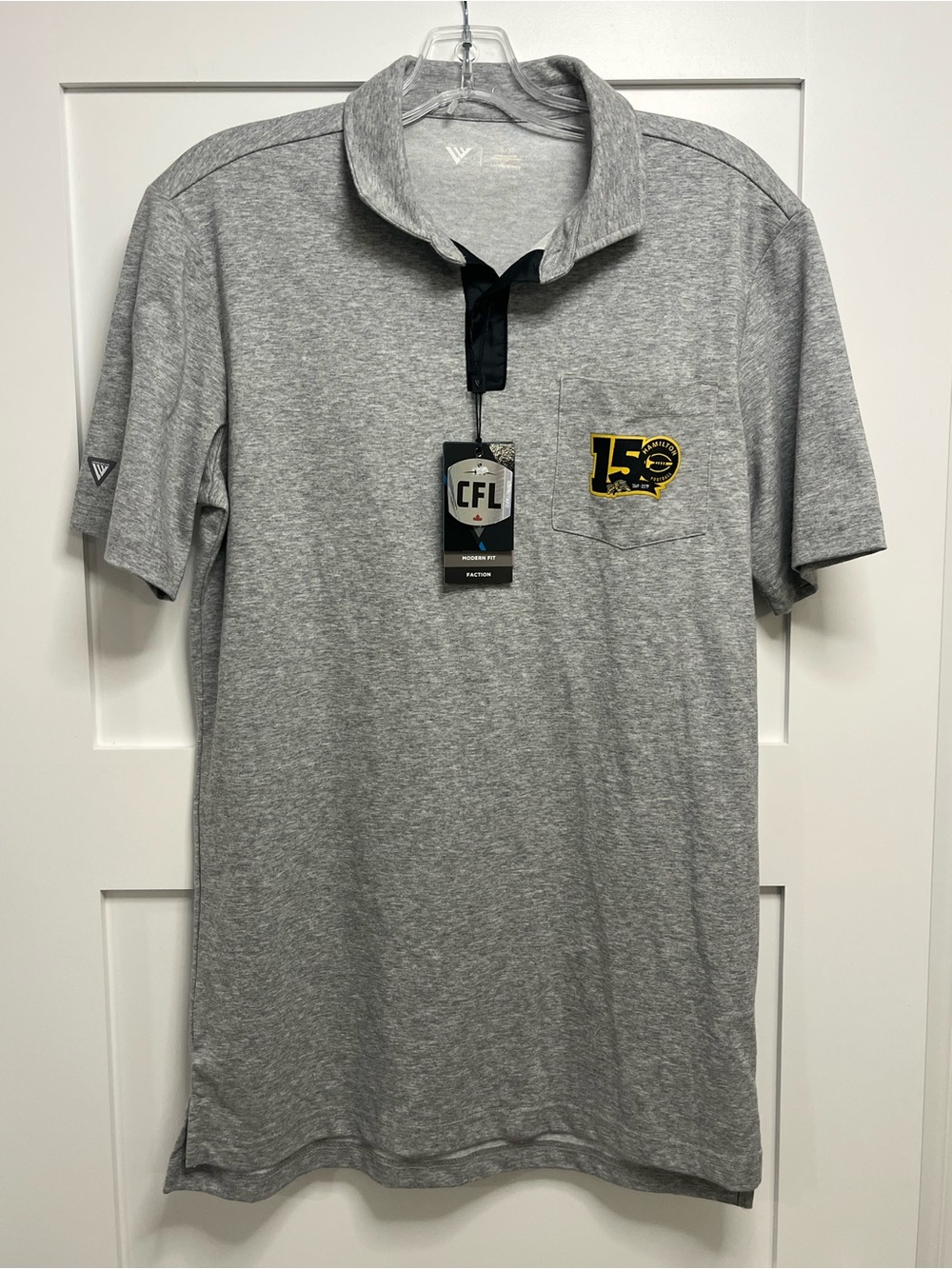 Wilfred Heather Gray Polo with Black Placket and Yellow Logo